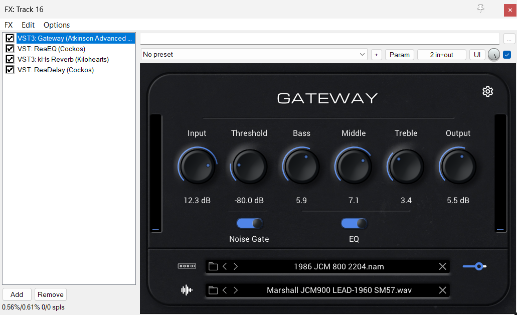 Gateway plugin in Reaper showing the amp model, cabinet and knob settings