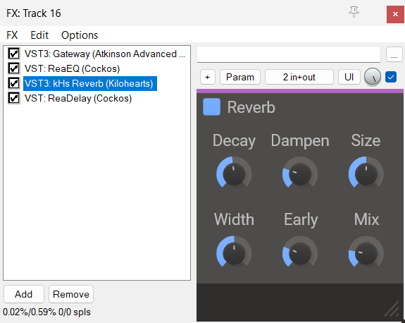kHs Reverb settings in Reaper